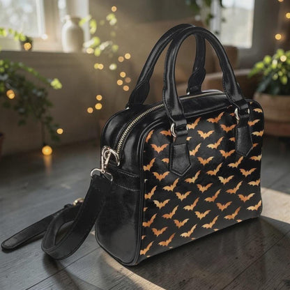 Bat print satchel purse, Halloween handbag, spooky black crossbody bag