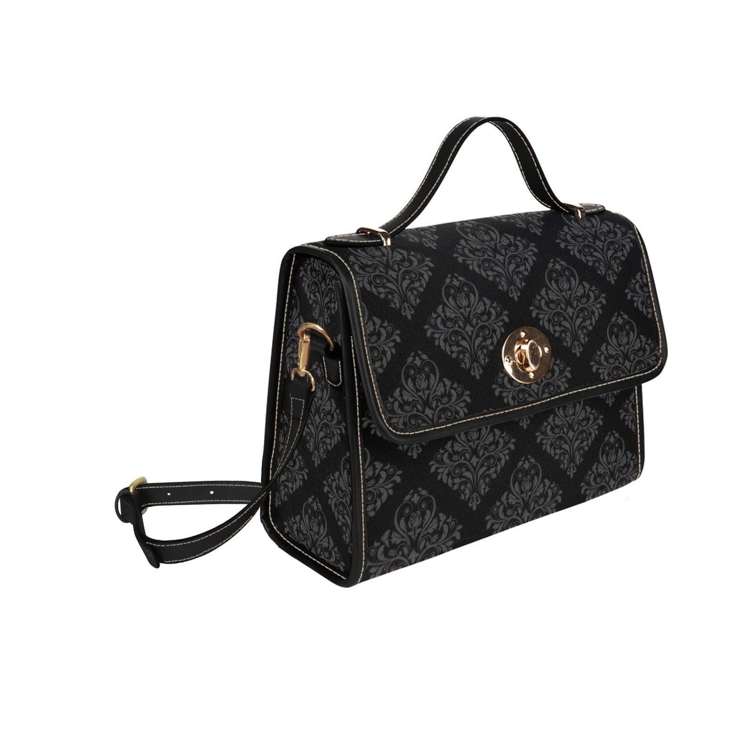 Black Damask Satchel Handbag, Baroque Top Handle Purse, Dark Academia Evening Bag