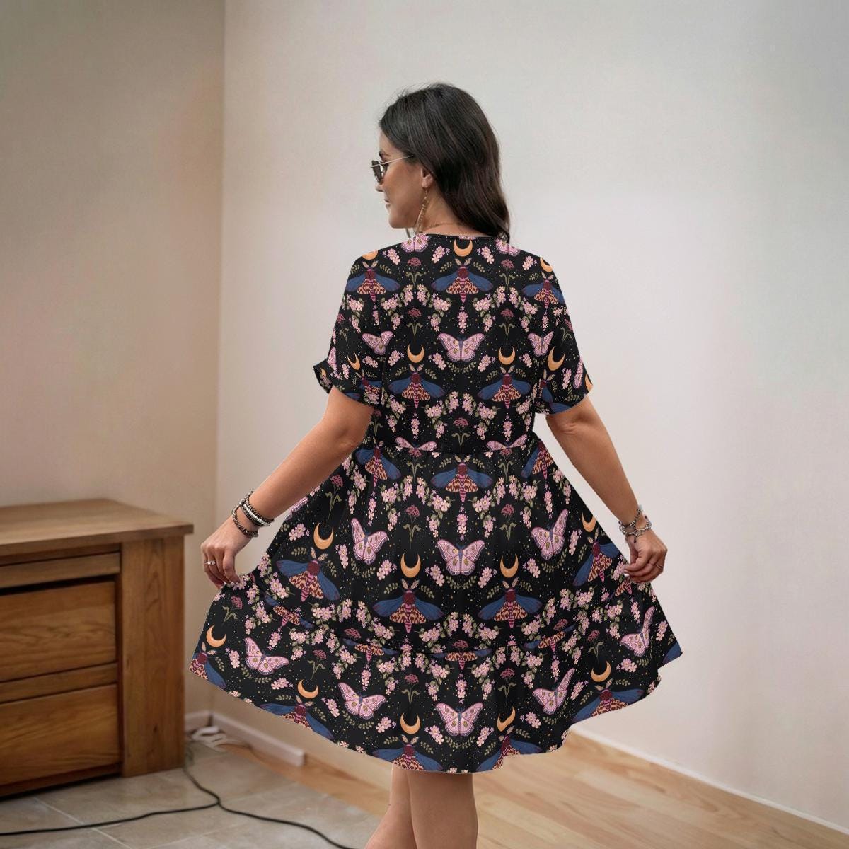 Boho Moth Dress, Moon Butterfly Floral Midi Dress, V Neck Festival Outfit for Women