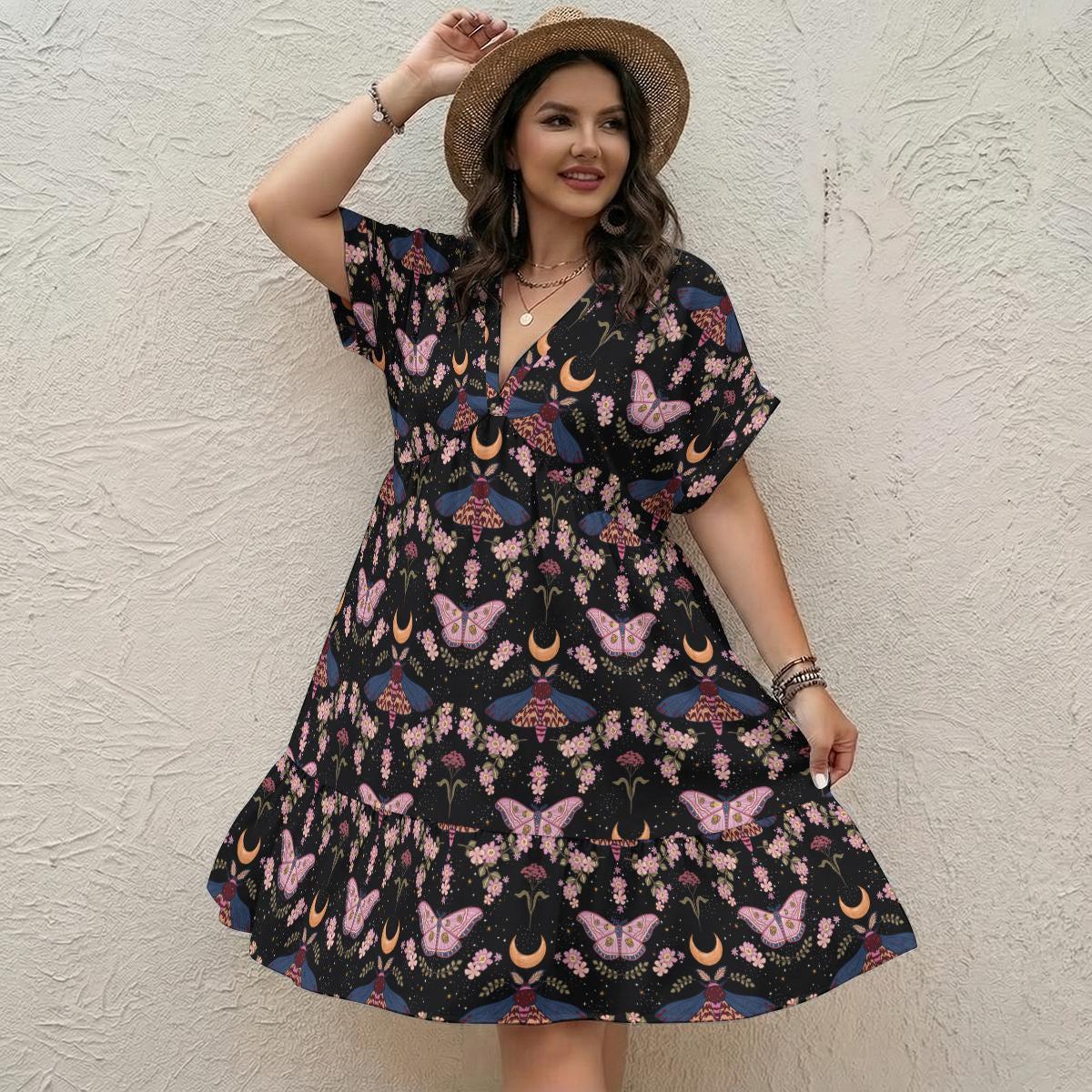 Boho Moth Dress, Moon Butterfly Floral Midi Dress, V Neck Festival Outfit for Women