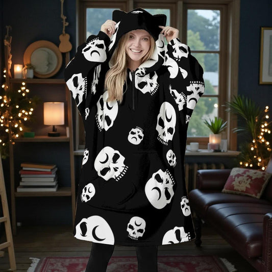 Gothic skull wearable blanket hoodie, spooky black lounge throw, cozy Halloween gift
