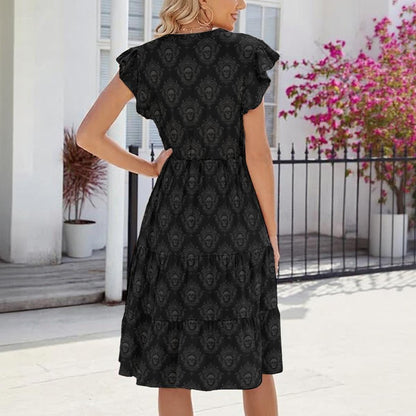 Gothic Damask Midi Dress, Black Baroque Floral, V-Neck Flutter Sleeve, Dark Romantic Cottagecore