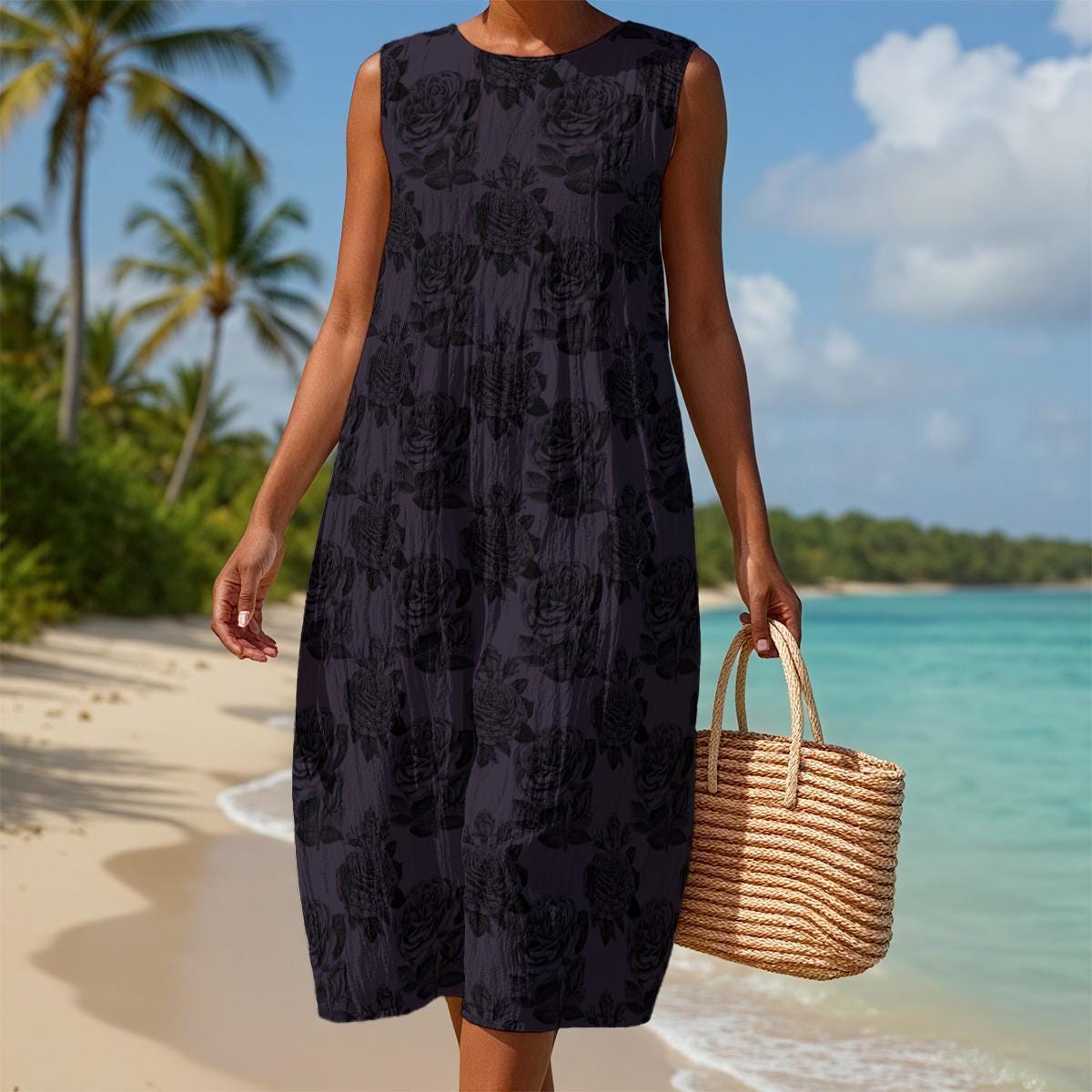 Dark Rose Sleeveless Floral Midi Dress, A-Line Resort Outfit