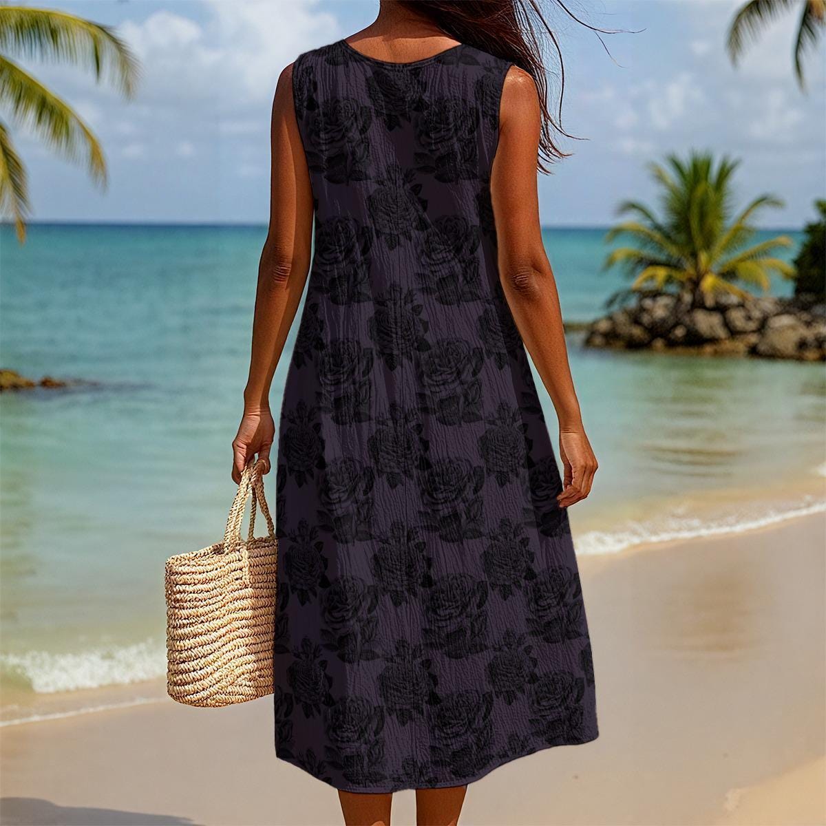 Dark Rose Sleeveless Floral Midi Dress, A-Line Resort Outfit
