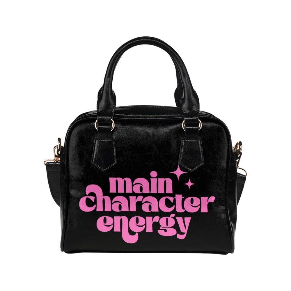 Black Bowler Bag, Pink Slogan Main Character Energy Handbag
