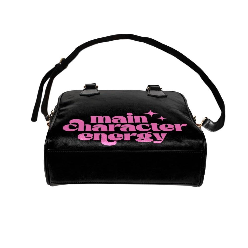Black Bowler Bag, Pink Slogan Main Character Energy Handbag