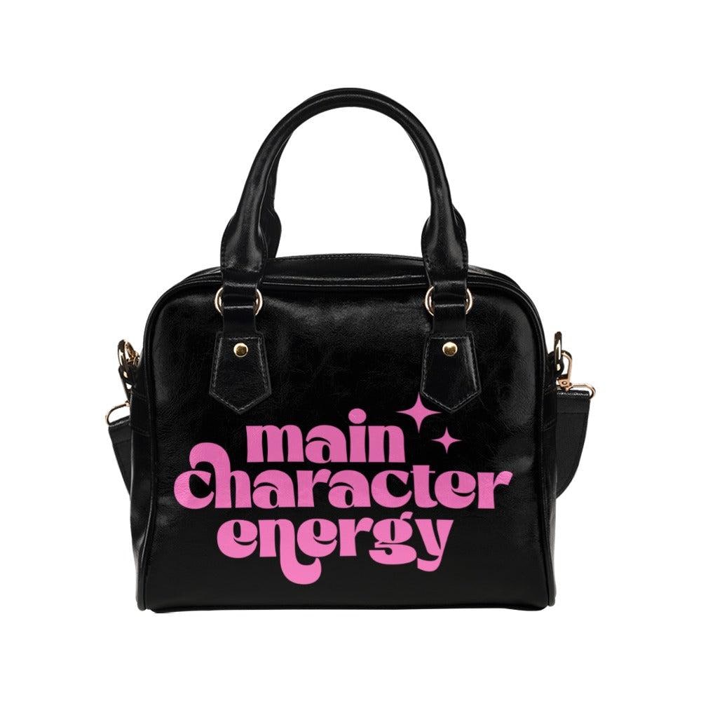 Black Bowler Bag, Pink Slogan Main Character Energy Handbag