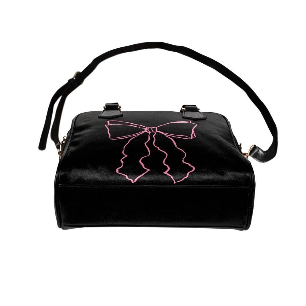 Pink bow satchel purse, coquette handbag, black ribbon top handle bag, feminine shoulder purse for girly outfits