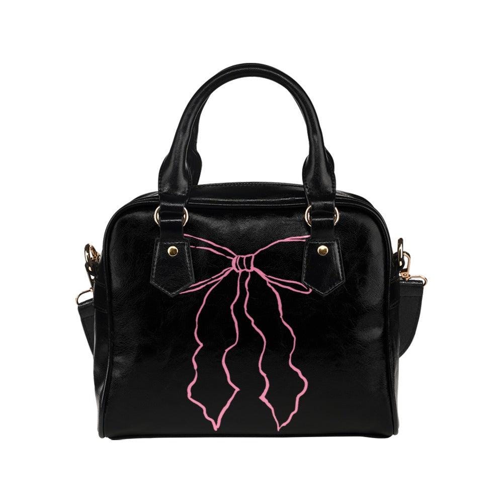 Pink bow satchel purse, coquette handbag, black ribbon top handle bag, feminine shoulder purse for girly outfits