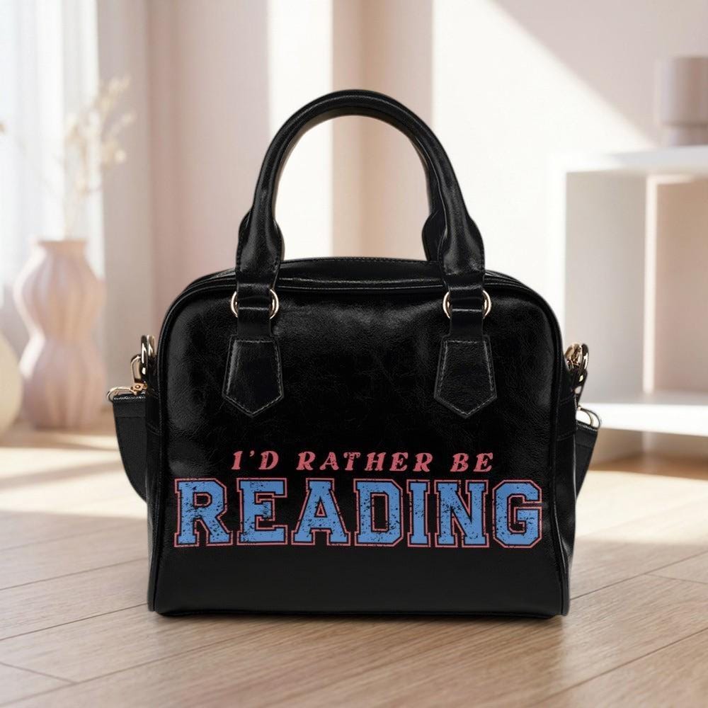 Black Faux Leather Satchel Bag, "I'd Rather Be Reading" Literary Purse