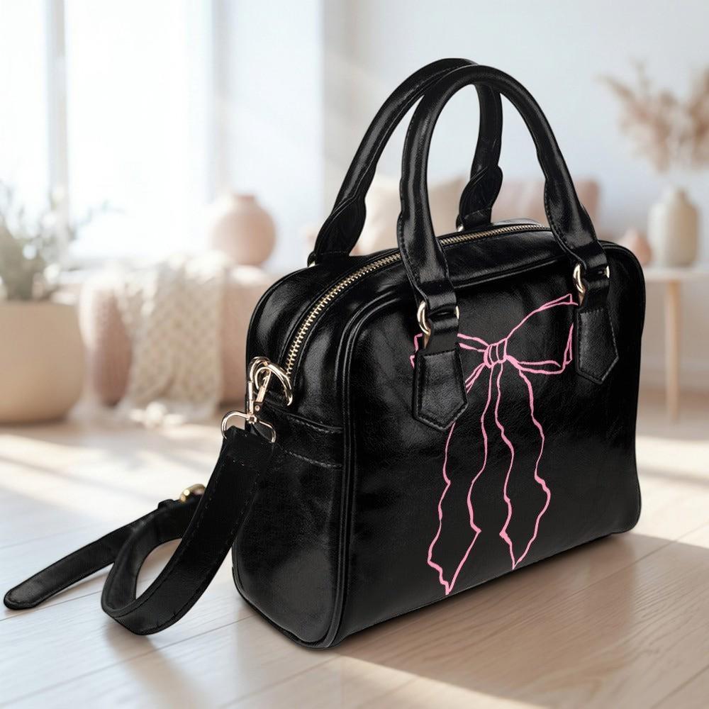 Pink bow satchel purse, coquette handbag, black ribbon top handle bag, feminine shoulder purse for girly outfits