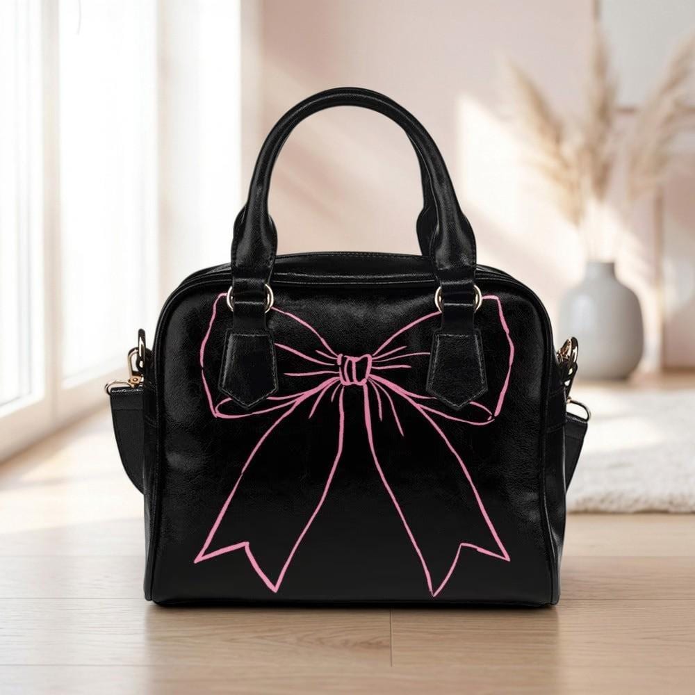 Coquette Bow Handbag, Black Pink Satchel Purse, Girly Goth Shoulder Bag
