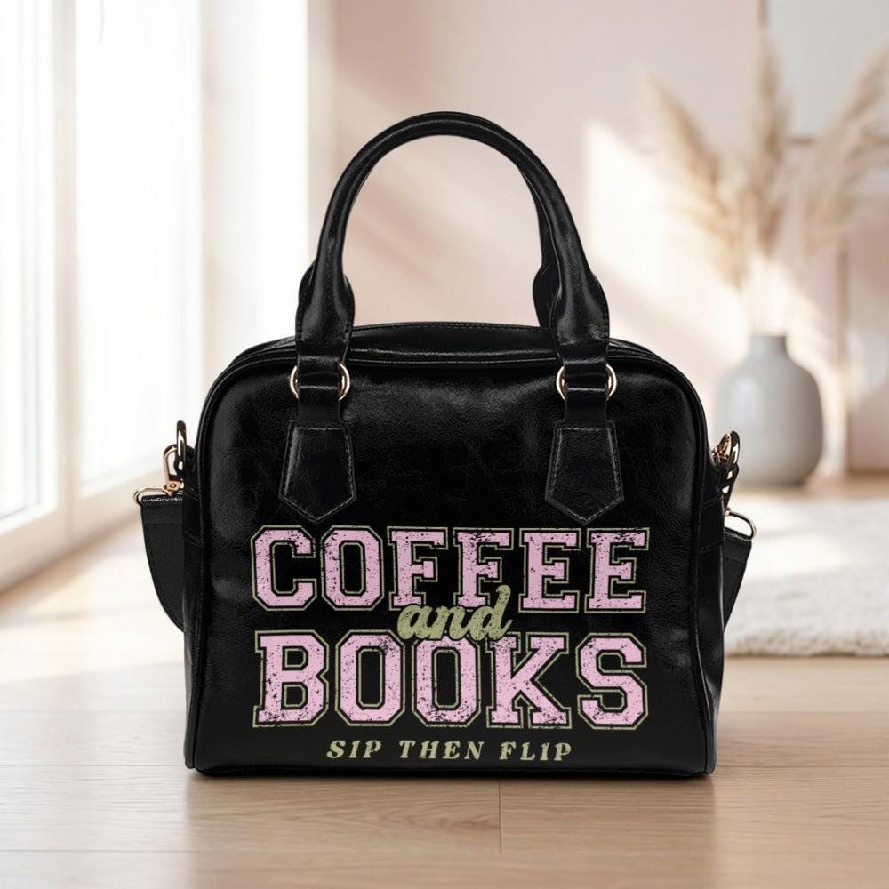 Coffee and Books Satchel Purse, Varsity Typography Handbag, Reader Gift Shoulder Bag