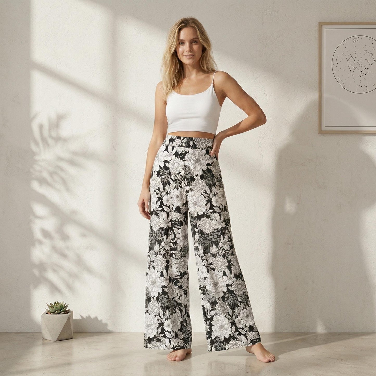 Black White Floral Palazzo Pants, Botanical Wide Leg Summer Trousers, Cottagecore Lounge Pants