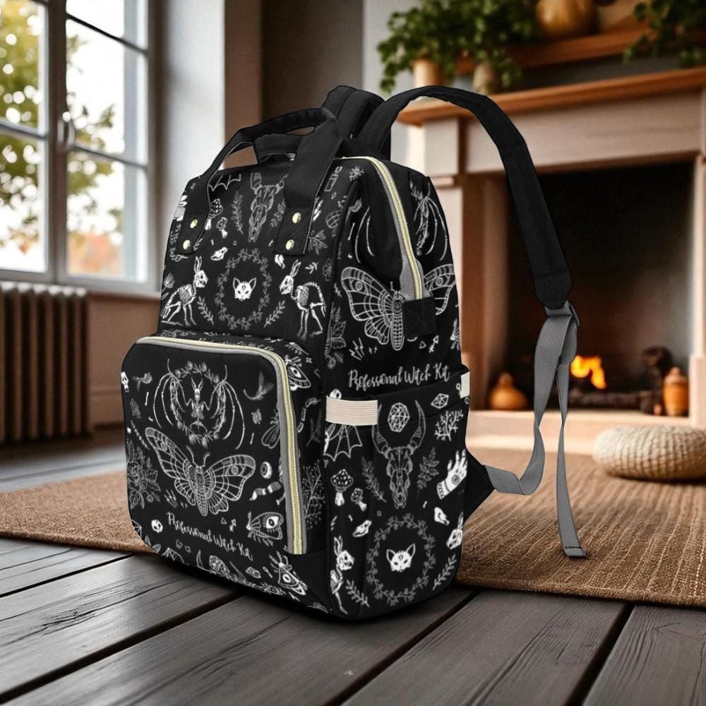 Occult Diaper Bag Backpack, Monochrome Witchy Mom Bag, Mystical Baby Travel Backpack, Moon Nursery Organizer, Black Stroller Pack