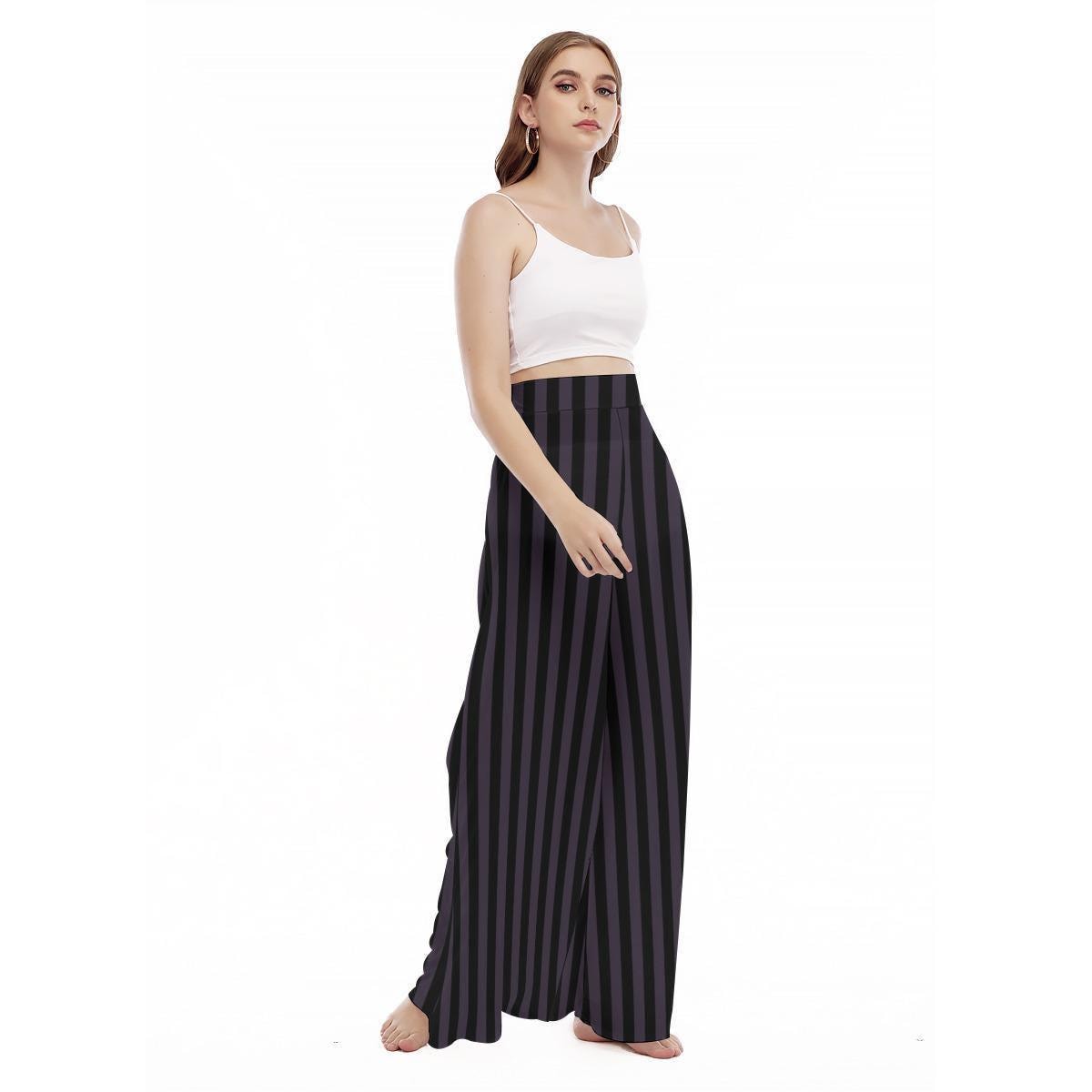 Black Purple Striped Wide Leg Lounge Pants, Goth High Waist Trousers