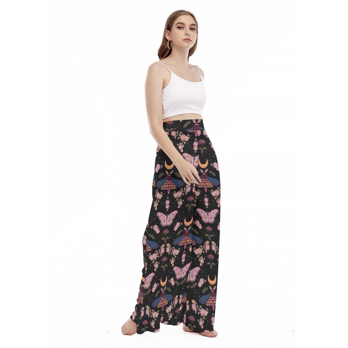 Moth Print Wide Leg Pants, Dark Cottagecore Trousers, Moon Garden Whimsigoth Bottoms