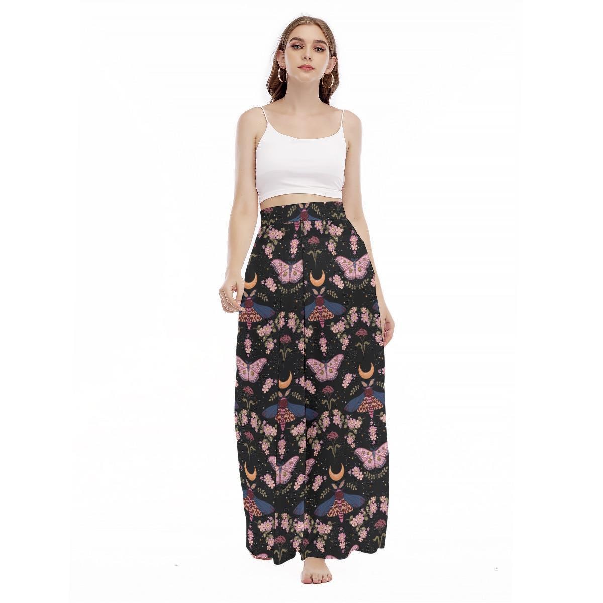 Moth Print Wide Leg Pants, Dark Cottagecore Trousers, Moon Garden Whimsigoth Bottoms
