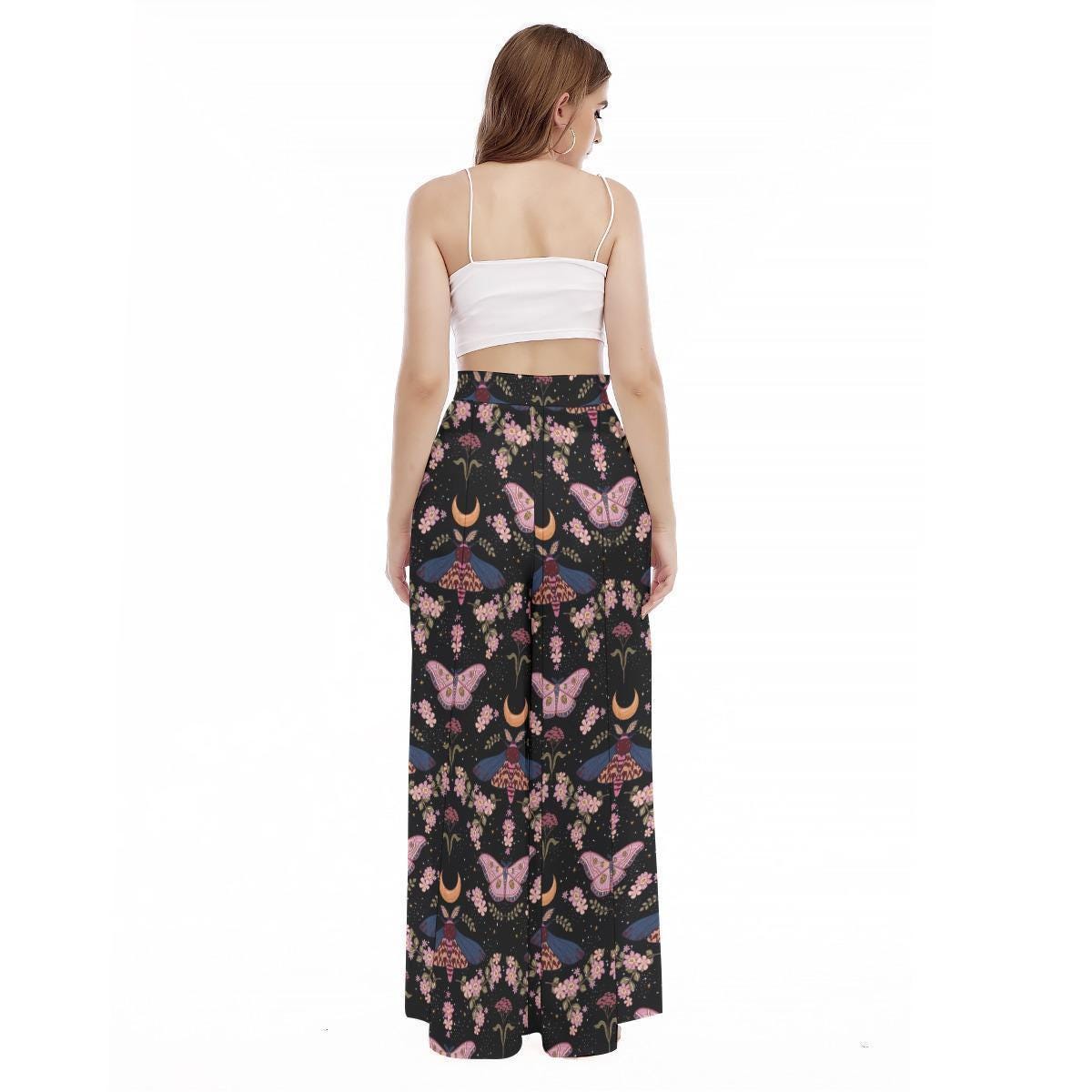 Moth Print Wide Leg Pants, Dark Cottagecore Trousers, Moon Garden Whimsigoth Bottoms