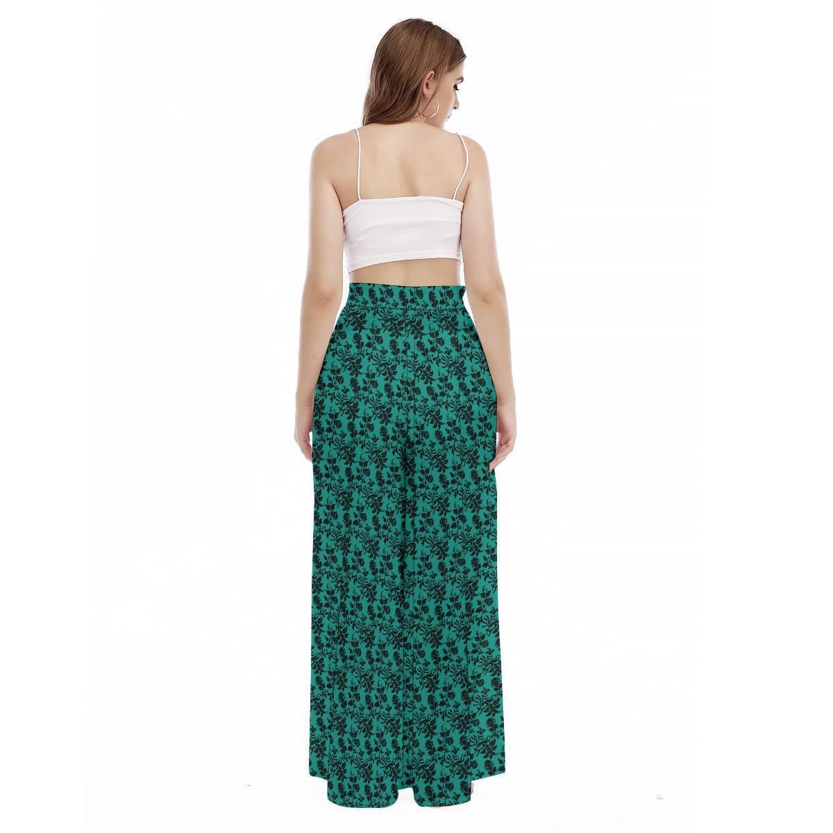 Teal Floral Wide Leg Pants, High Waist Botanical Resort Trousers