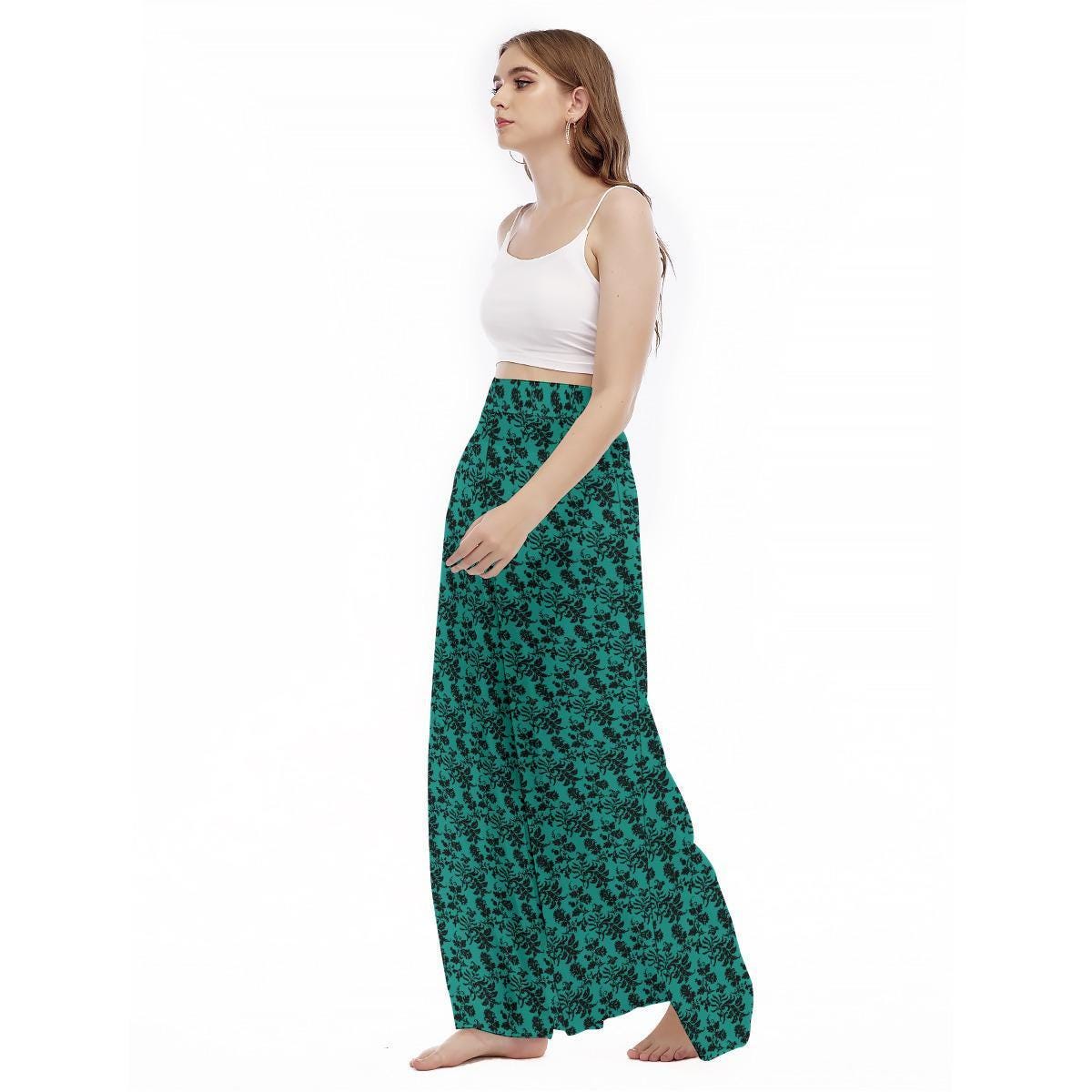 Teal Floral Wide Leg Pants, High Waist Botanical Resort Trousers