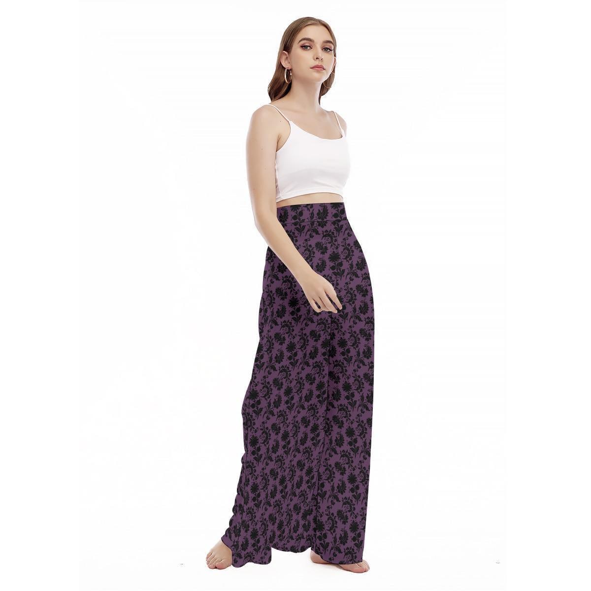 Purple Victorian Damask Trousers, Gothic Floral Wide Leg Pants, Dark Academia Lounge Bottoms
