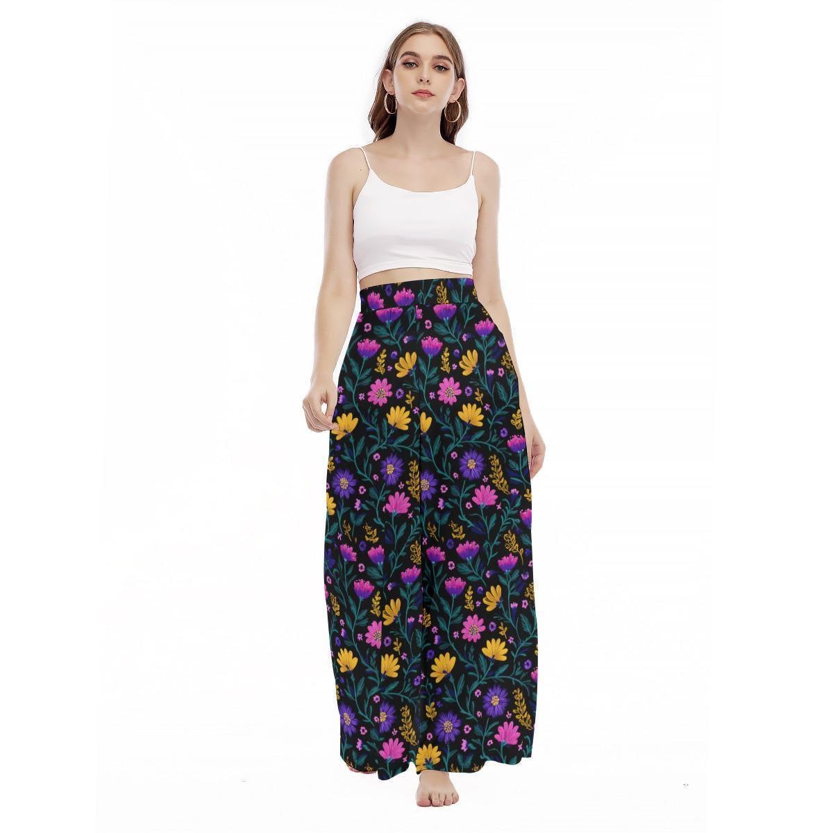 Floral Wide Leg Pants, Folk Art Botanical High Waist Trousers