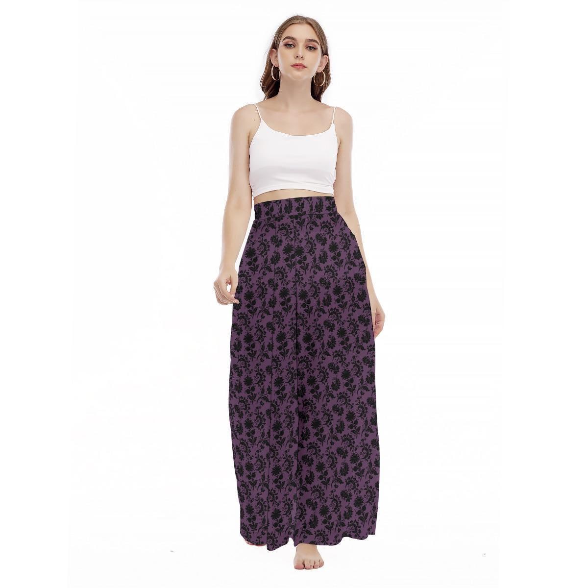 Purple Victorian Damask Trousers, Gothic Floral Wide Leg Pants, Dark Academia Lounge Bottoms