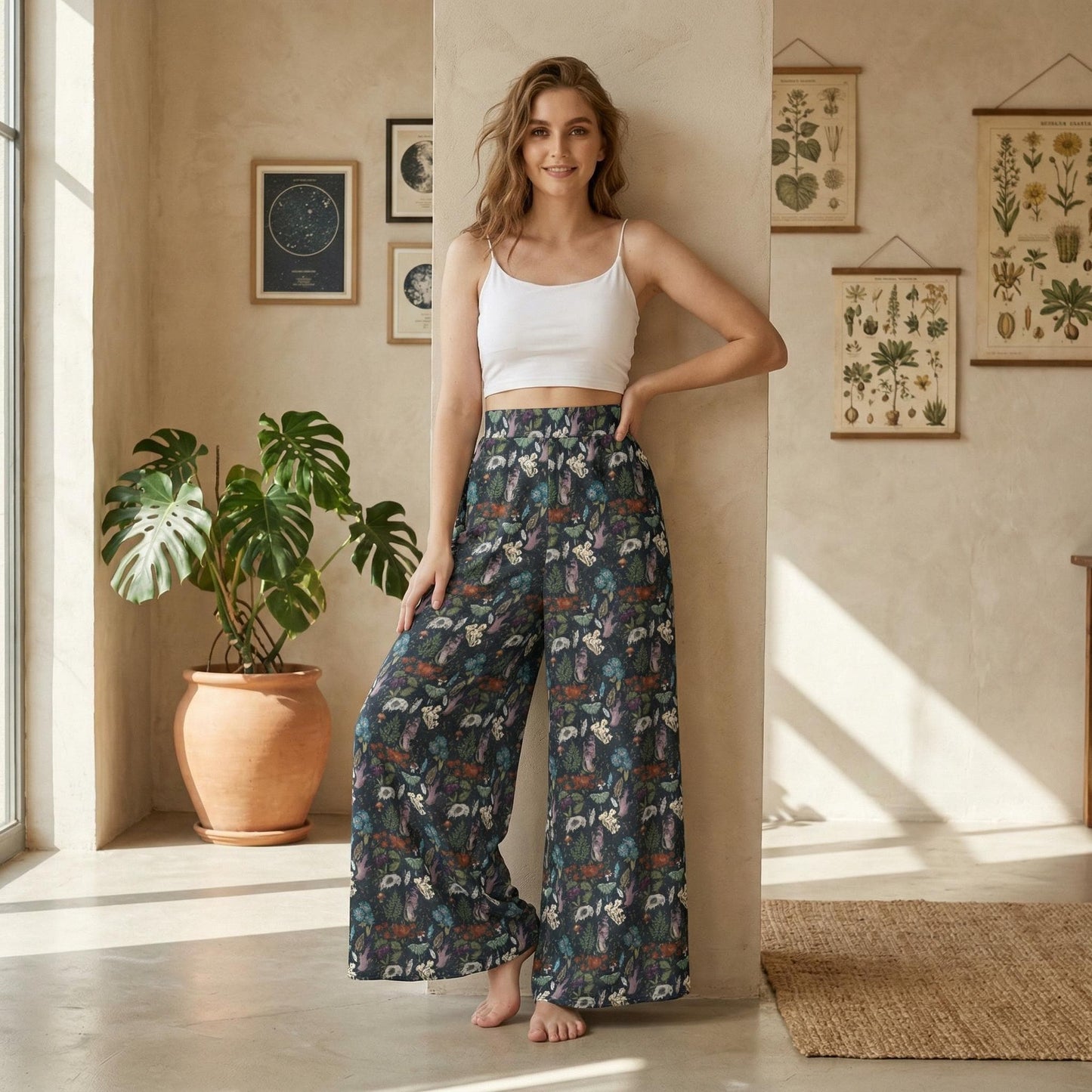 A woman in a white crop top and patterned wide-leg pants stands in a room with a potted plant and framed botanical illustrations on the walls.
