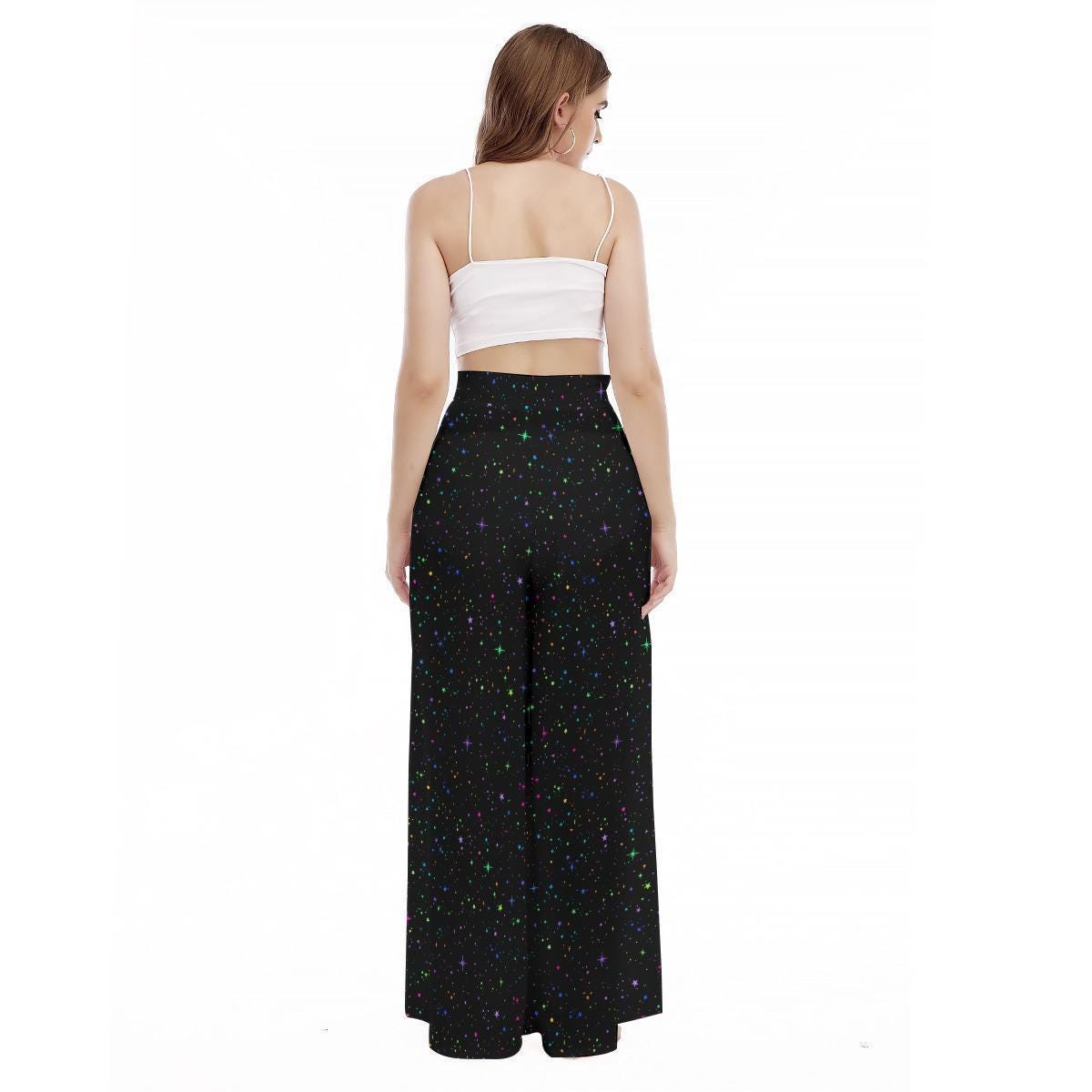 Celestial Star Wide Leg Pants, High Waist Cosmic Galaxy Trousers