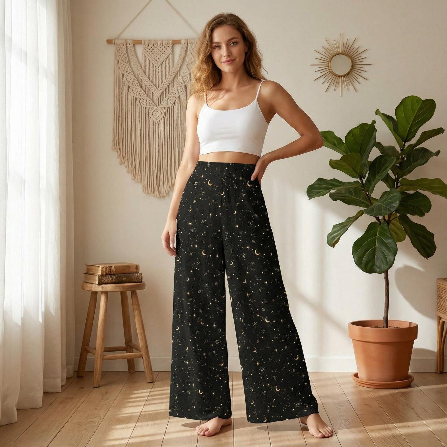 Celestial Zodiac Pants, Moon Star Wide Leg Trousers, Astrology Loungewear, Witchy Black Statement Bottoms