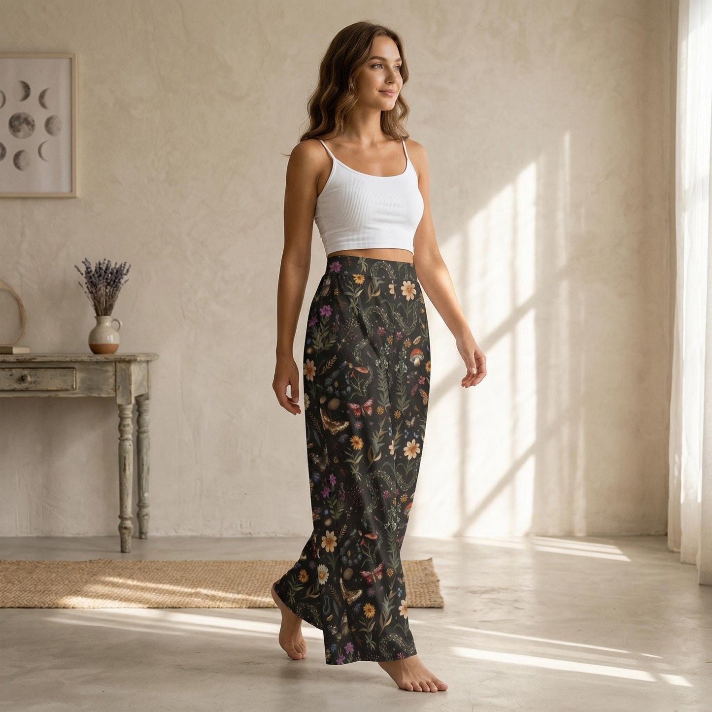 Dark Botanical Wide Leg Pants, Cottagecore Mushroom Butterfly Trousers