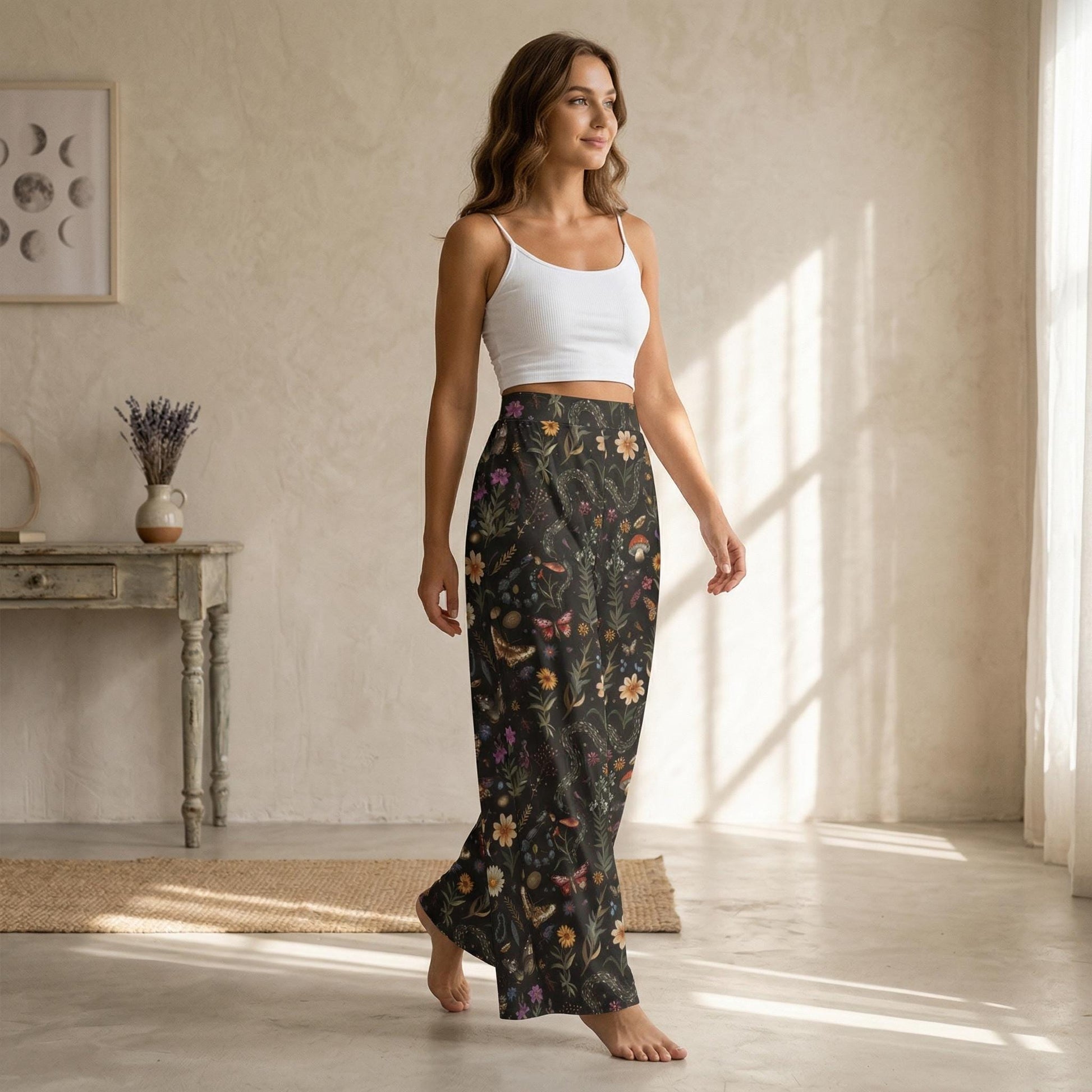 Dark Botanical Wide Leg Pants, Cottagecore Mushroom Butterfly Trousers