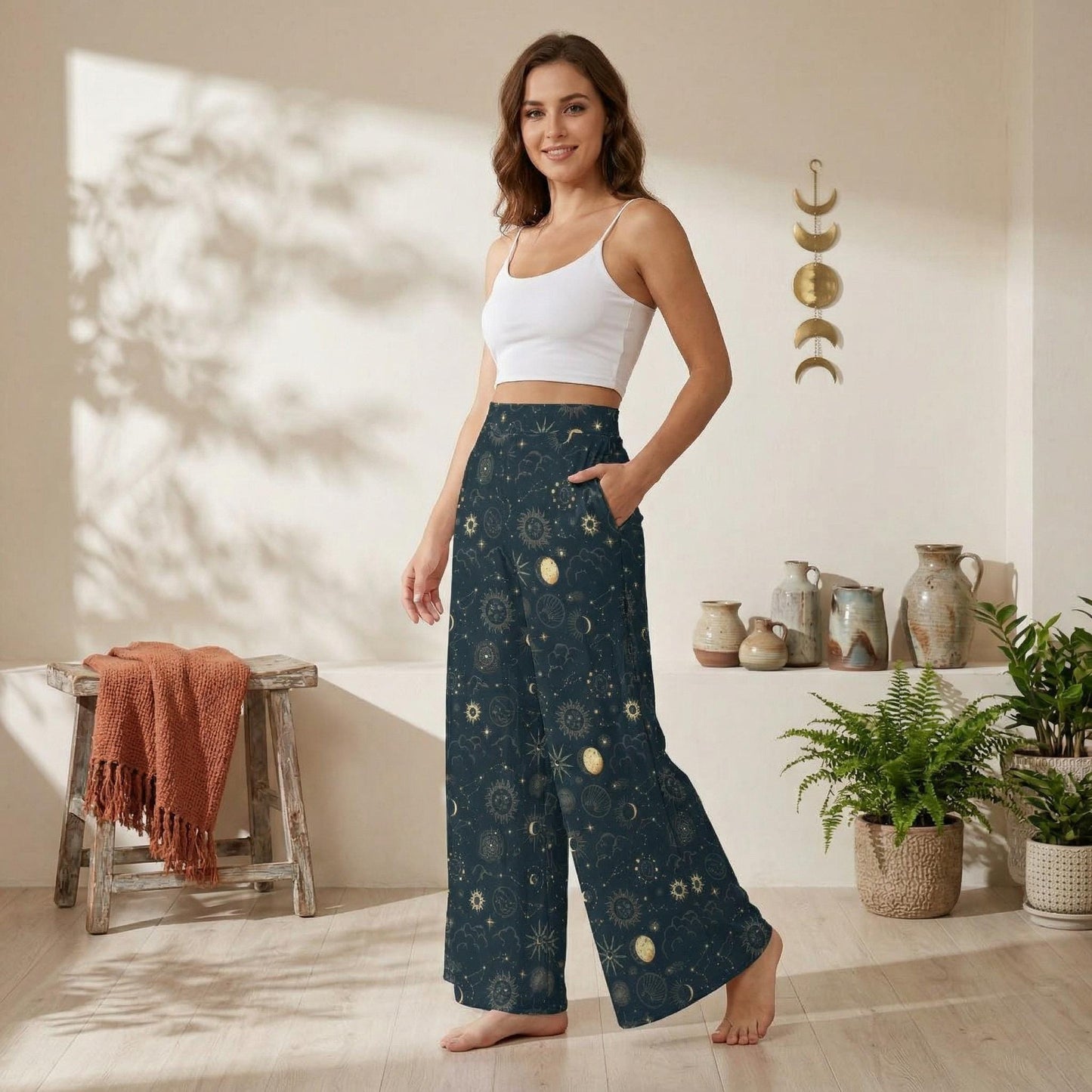 Navy Celestial Sun Moon Wide Leg Lounge Pants, Mystic Boho Trousers