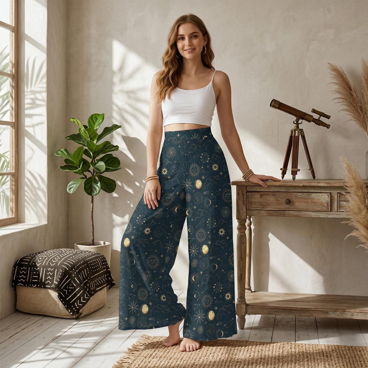 Navy Celestial Sun Moon Wide Leg Lounge Pants, Mystic Boho Trousers