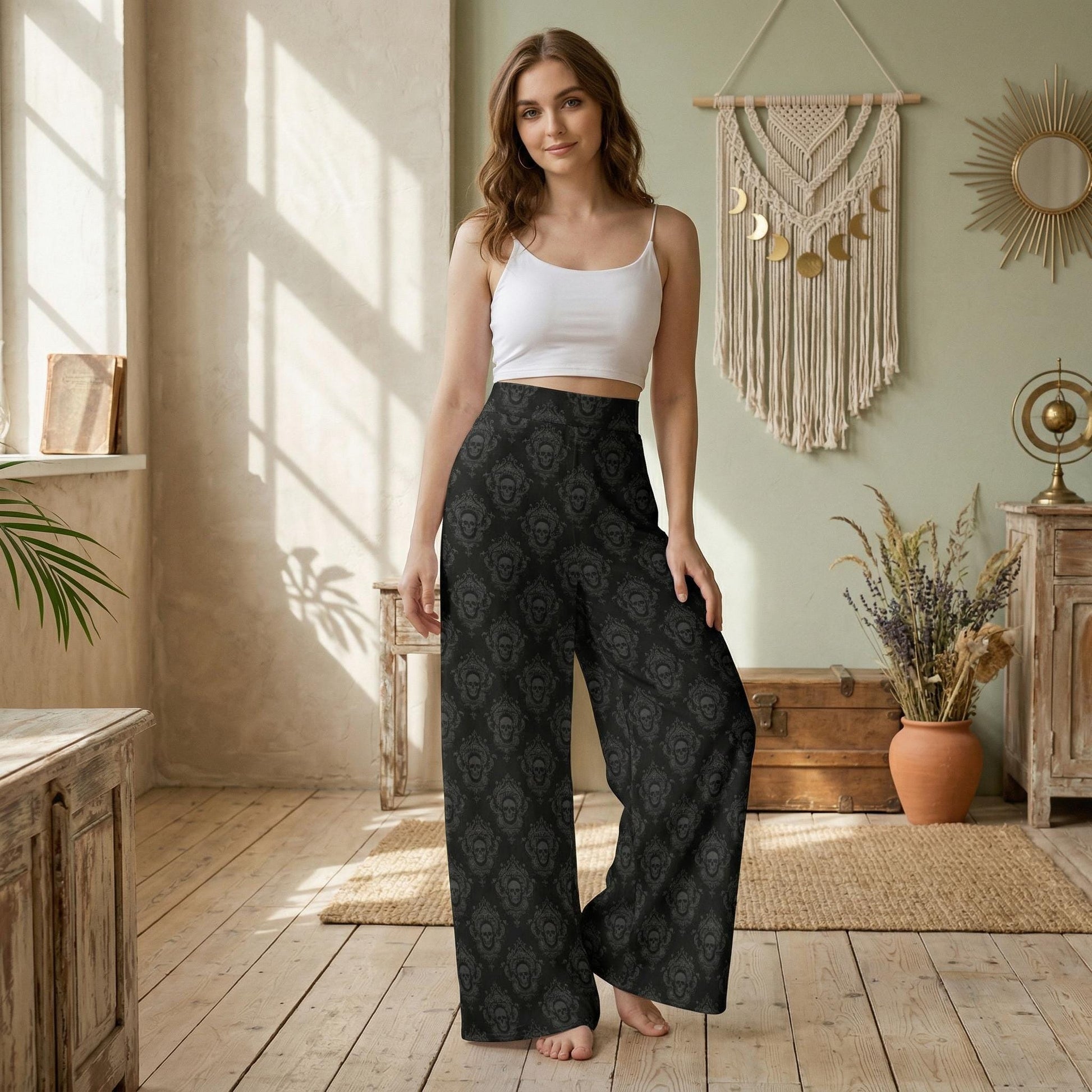 Victorian Skull Wide Leg Pants, Black Baroque Goth Trousers, Dark Romantic Alternative Fashion