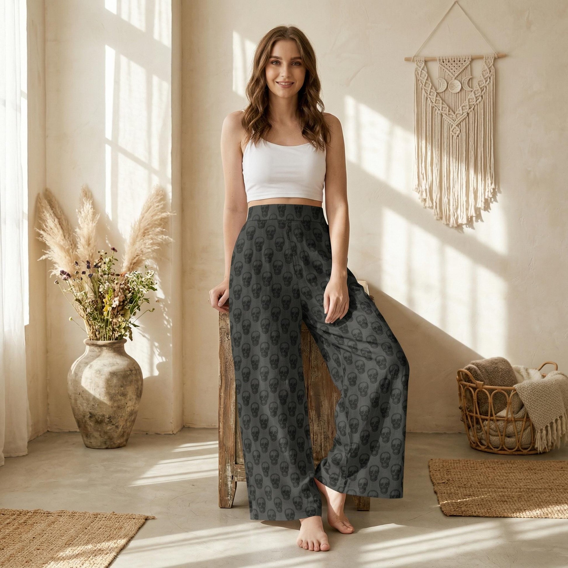 Goth Skull Print Wide Leg Pants, High Waist Trousers, Dark Bottoms