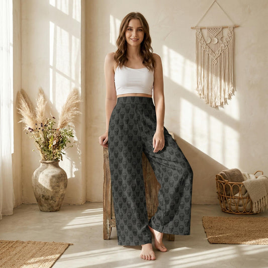 Goth Skull Print Wide Leg Pants, High Waist Trousers, Dark Bottoms