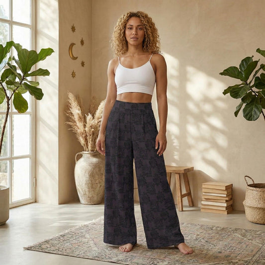 Purple Floral Skull Wide Leg Pants, Victorian Baroque Trousers, Dark Romantic Outfit Bottoms