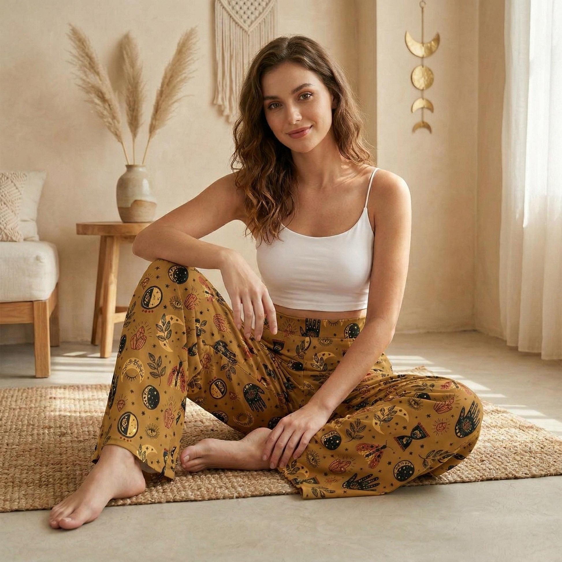 Celestial Tarot Wide Leg Trousers, Mystic Moon Moth Boho Print Lounge Wear