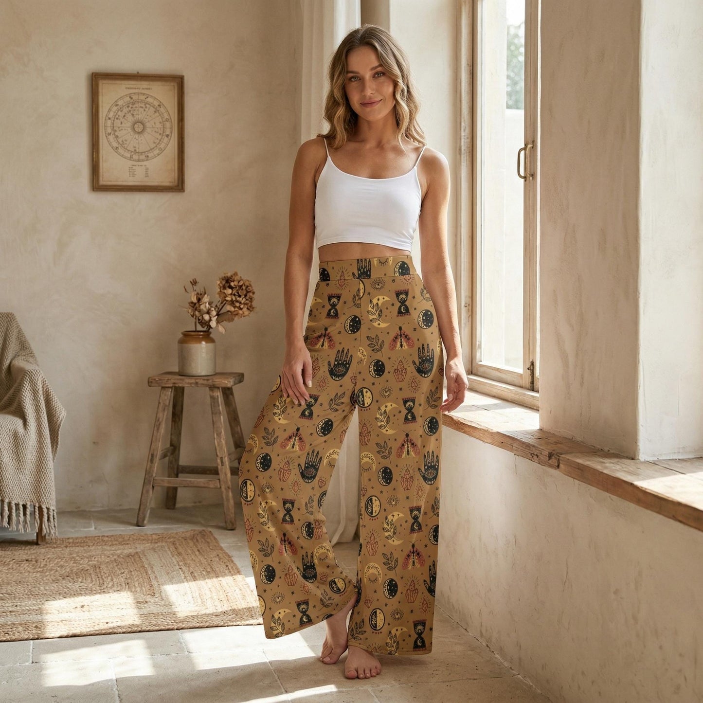 Celestial Tarot Wide Leg Trousers, Mystic Moon Moth Boho Print Lounge Wear