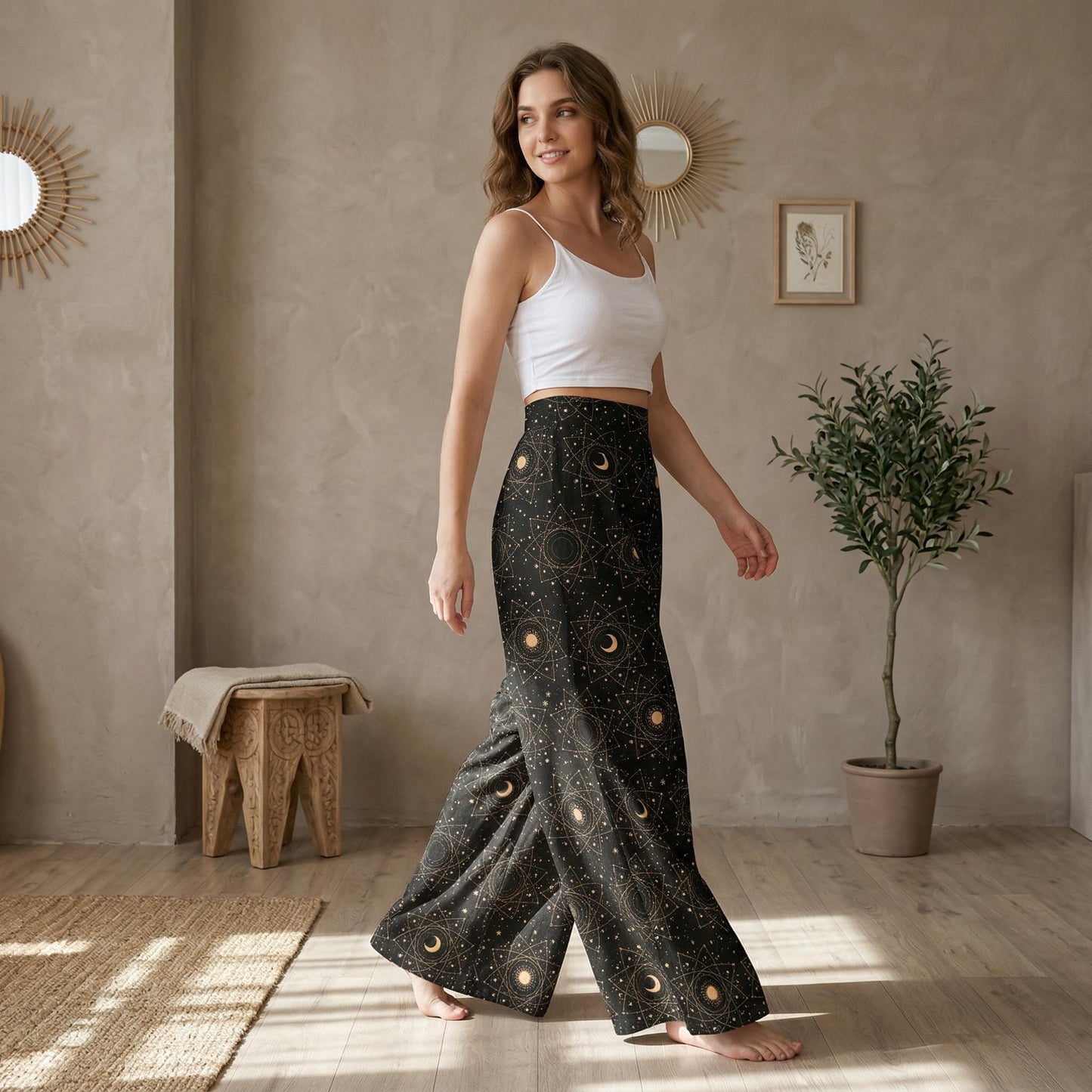 Moon Phase Palazzo Pants, Celestial Wide Leg Trousers for Astrology Outfit Lovers