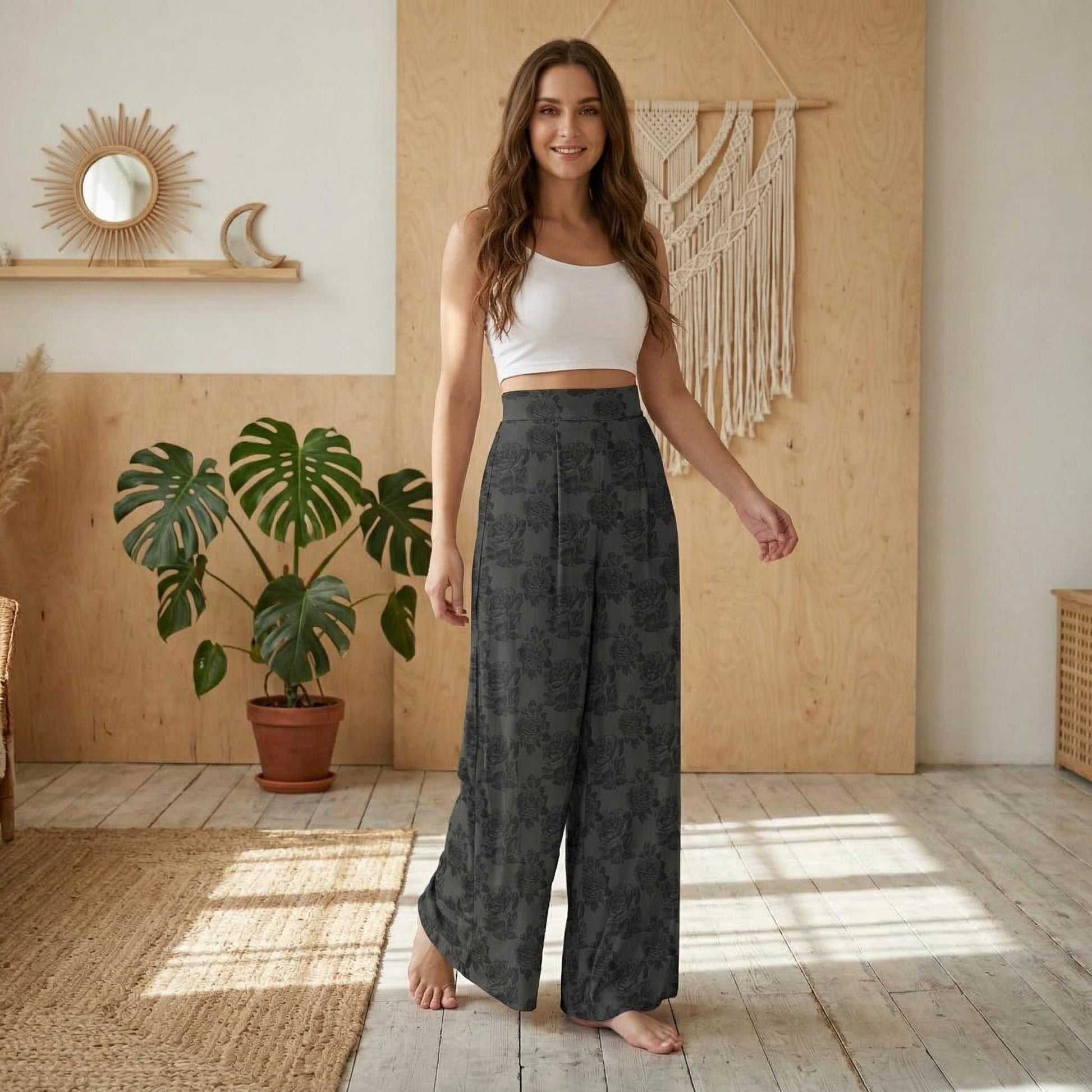 Gothic Floral Wide Leg Pants, Charcoal Rose High Waist Trousers
