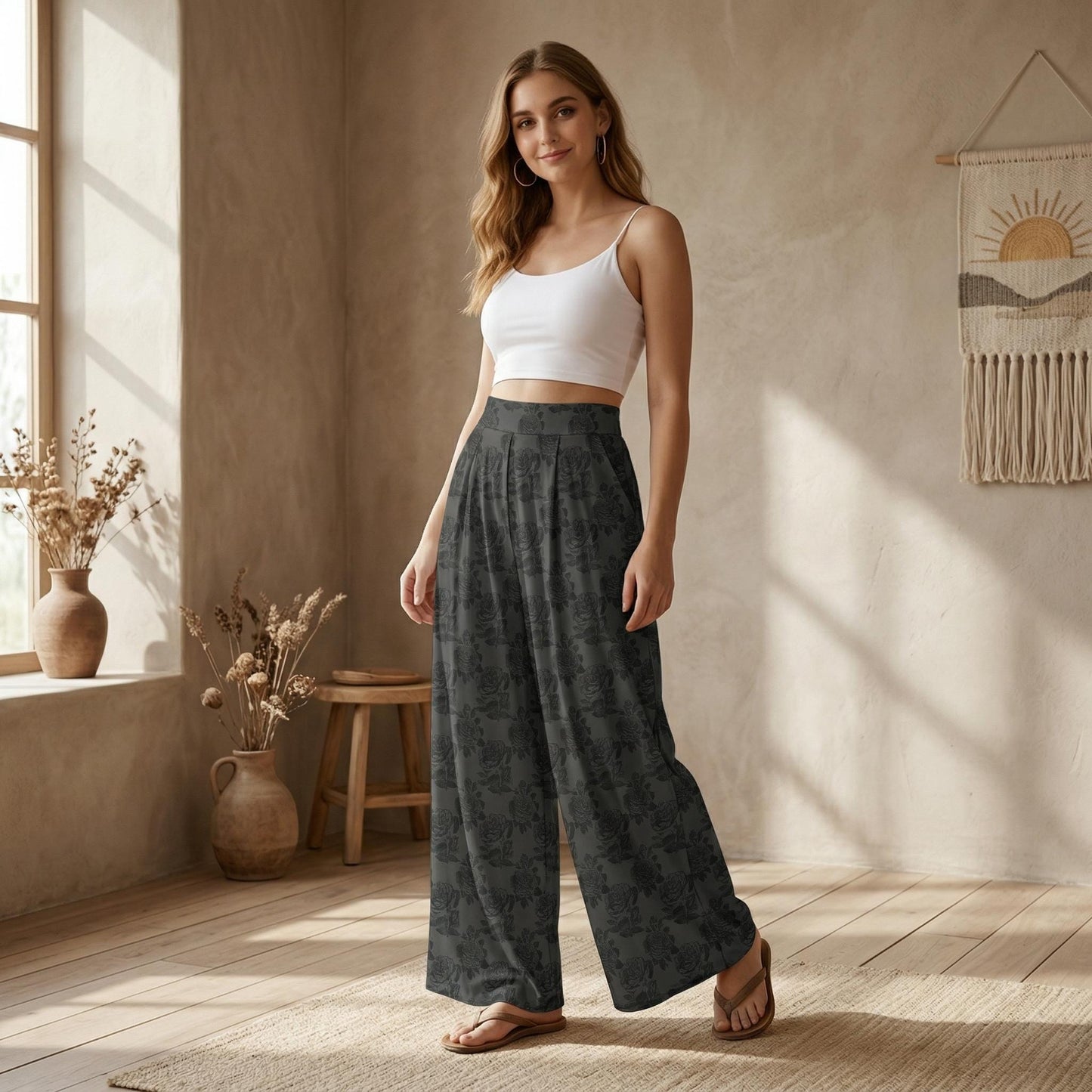 Gothic Floral Wide Leg Pants, Charcoal Rose High Waist Trousers