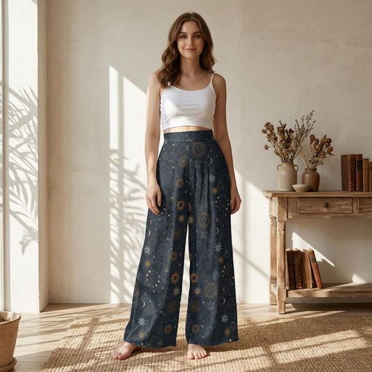 Celestial Wide Leg Lounge Pants, Astrology Moon Phase Trousers, Starry Resort Boho Bottoms