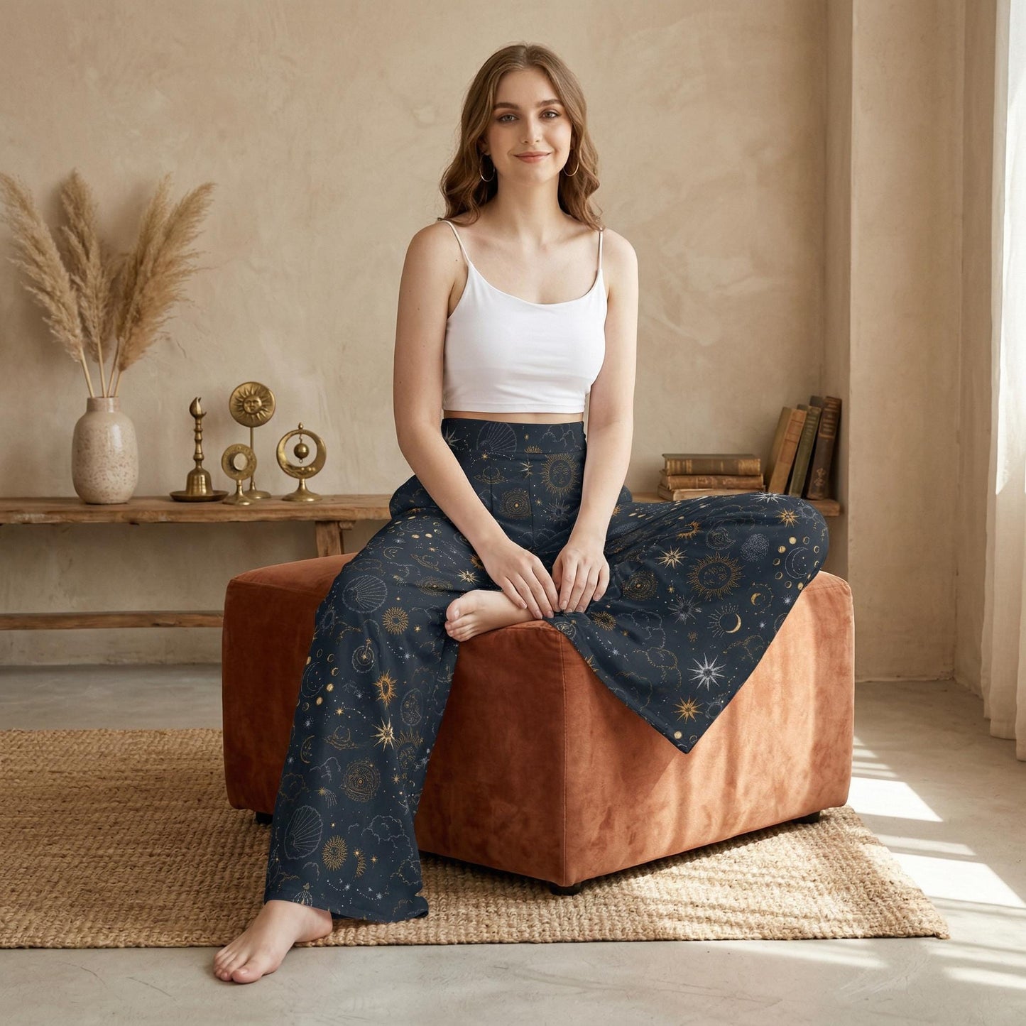 Celestial Wide Leg Lounge Pants, Astrology Moon Phase Trousers, Starry Resort Boho Bottoms