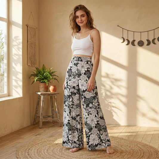 Black White Floral Palazzo Pants, Botanical Wide Leg Summer Trousers, Cottagecore Lounge Pants