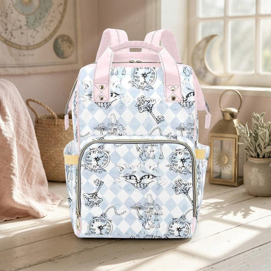 Storybook Diaper Bag Backpack, Pastel Clock Cat Print, Whimsical Mom Travel Bag