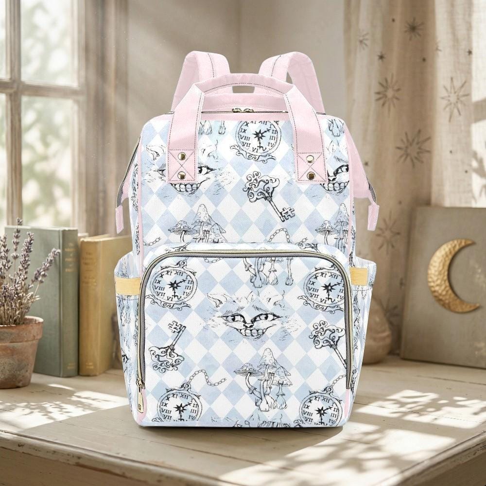 Storybook Diaper Bag Backpack, Pastel Clock Cat Print, Whimsical Mom Travel Bag