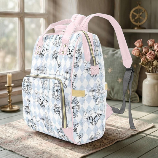 Storybook Diaper Bag Backpack, Pastel Clock Cat Print, Whimsical Mom Travel Bag